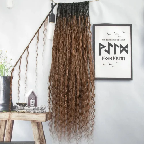 T1B/30 Ombre Brown Crochet Boho Box Braids With Human Hair Curls