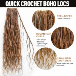 Pre-looped Light Auburn Human Hair Crochet Boho Locs With Body Wave Curls