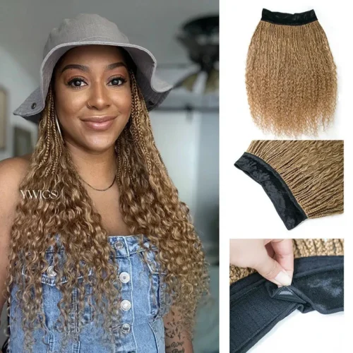 #27 Honey Blonde Grab & Go Braids Band Wig Boho Style With Human Hair Curls