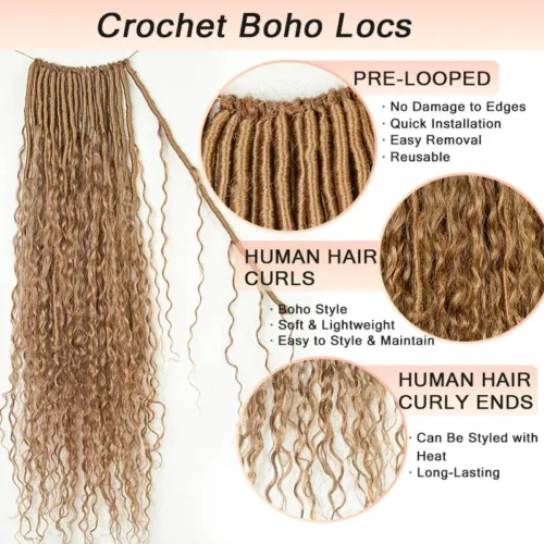 Wholesale - Crochet Boho Locs With Human Hair Curls (Price For 1 Pack Of 24 Locs) -Hot Lingerie Hub Honey Blonde Pre looped Crochet Boho Locs with human hair curls 1