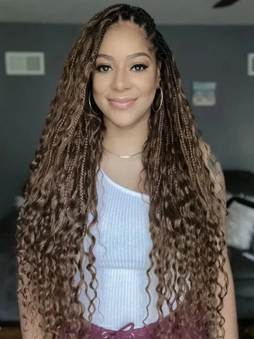 T1B/30 Ombre Brown Crochet Boho Box Braids With Human Hair Curls -Hot Lingerie Hub Pre looped ombre brown crochet box braids