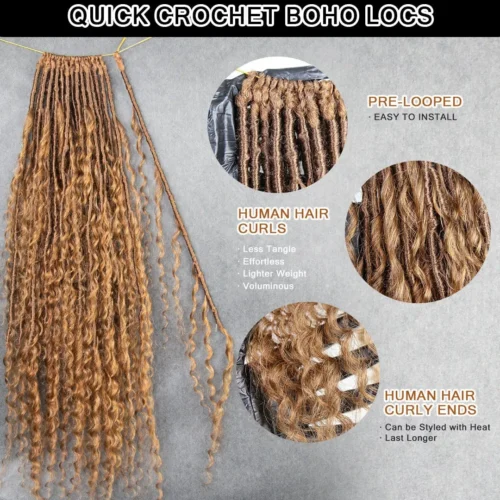 Pre-looped Light Auburn Crochet Boho Locs With Human Hair Curls -Hot Lingerie Hub QUICK CROCHET BOHO LOCS AUBURN 30