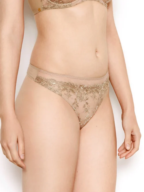 Abrielle Gold Embroidered Thong