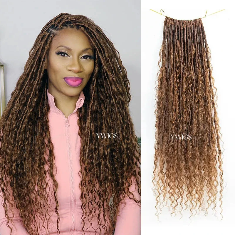 Pre-looped Light Auburn Crochet Boho Locs With Human Hair Curls 4 Pre-looped Light Auburn Crochet Boho Locs With Human Hair Curls - Image 2