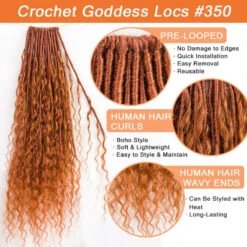 #350 Solid Ginger Crochet Boho Locs With Human Hair Curls -Hot Lingerie Hub crochet ginger locs with curly human hair