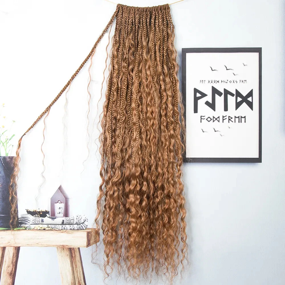 Light Brown Crochet Boho Box Braids With Human Hair Curls 3 Light Brown Crochet Boho Box Braids With Human Hair Curls